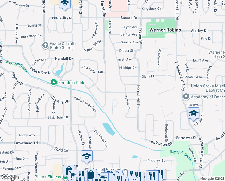 map of restaurants, bars, coffee shops, grocery stores, and more near 1200 Briarcliff Road in Warner Robins