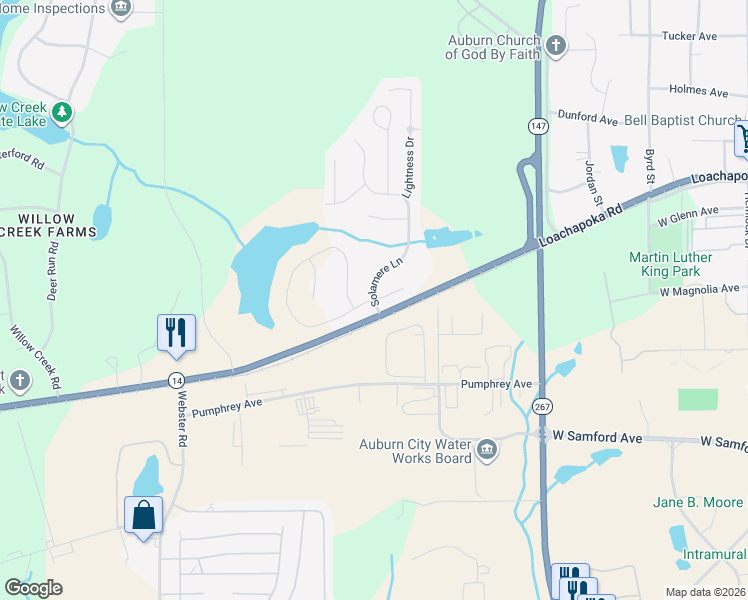 map of restaurants, bars, coffee shops, grocery stores, and more near 116 Solamere Lane in Auburn