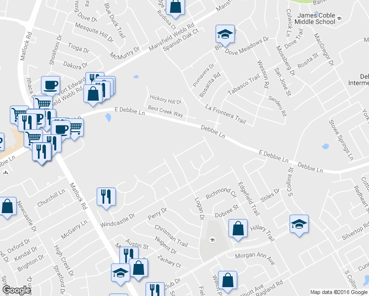 map of restaurants, bars, coffee shops, grocery stores, and more near 2209 Primrose Trail in Mansfield