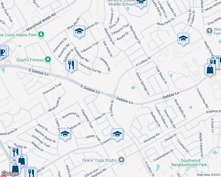 map of restaurants, bars, coffee shops, grocery stores, and more near 8100 South Collins Street in Arlington