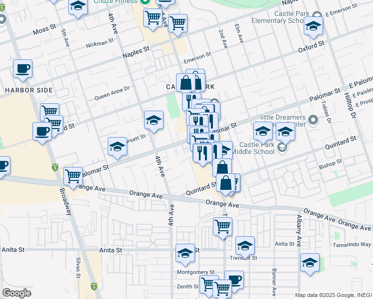 map of restaurants, bars, coffee shops, grocery stores, and more near 1338 Tempra Place in Chula Vista