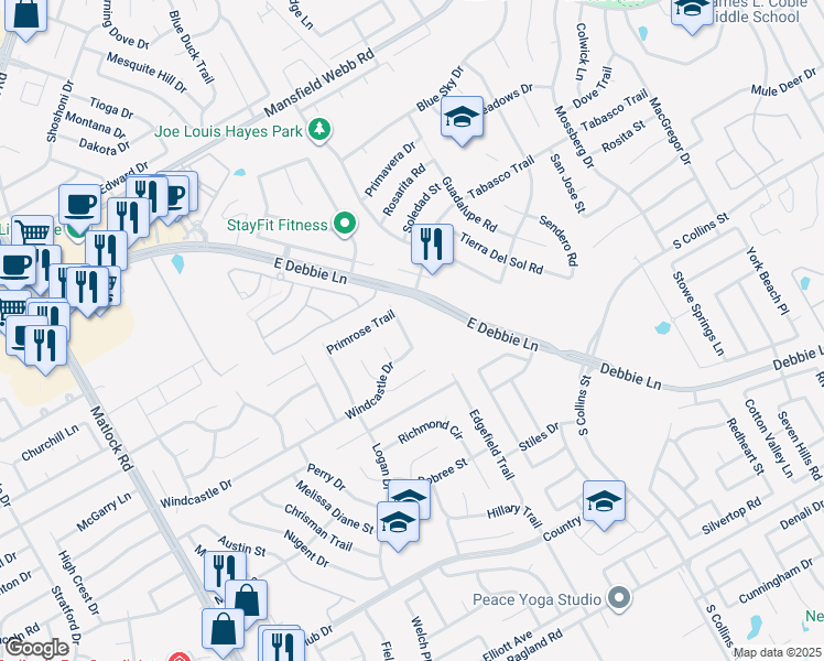 map of restaurants, bars, coffee shops, grocery stores, and more near 2702 Pyramid Lane in Mansfield