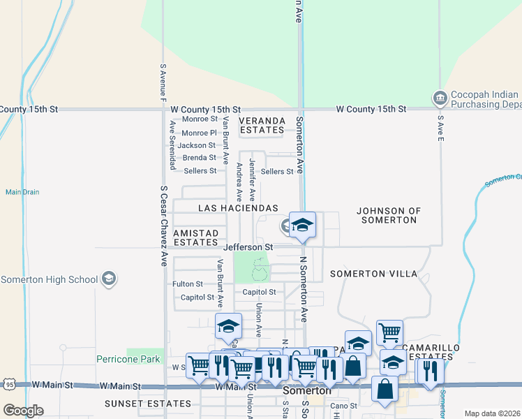 map of restaurants, bars, coffee shops, grocery stores, and more near Daniela in Somerton
