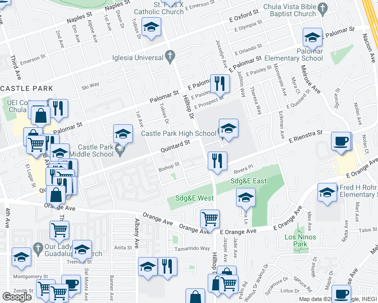 map of restaurants, bars, coffee shops, grocery stores, and more near 1415 Tobias Drive in Chula Vista