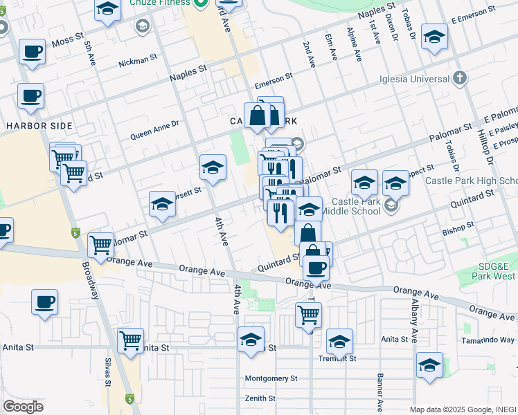 map of restaurants, bars, coffee shops, grocery stores, and more near 336 El Loro Street in Chula Vista