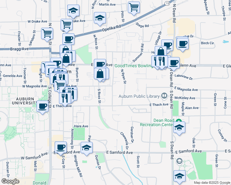 map of restaurants, bars, coffee shops, grocery stores, and more near 131 South Debardeleben Street in Auburn