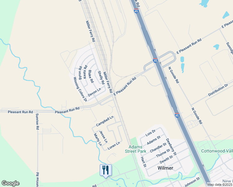 map of restaurants, bars, coffee shops, grocery stores, and more near 600 East Pleasant Run Road in Wilmer