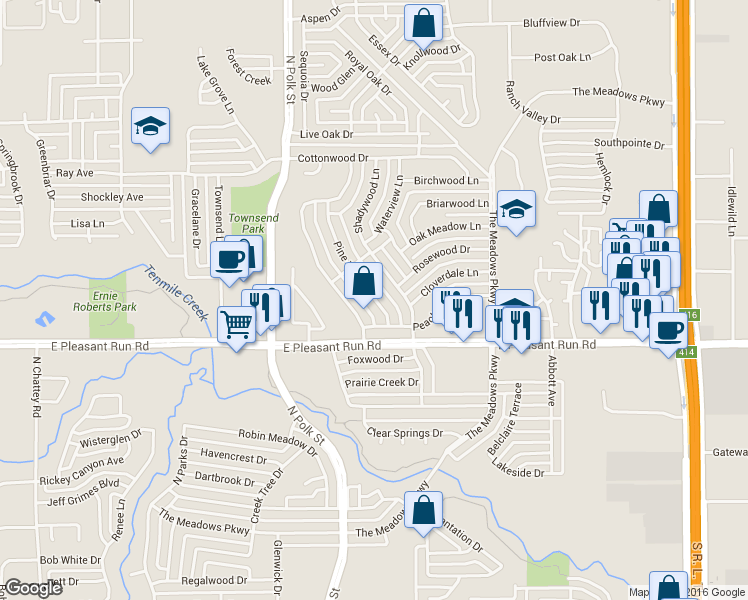 map of restaurants, bars, coffee shops, grocery stores, and more near 913 Pine Tree Lane in DeSoto