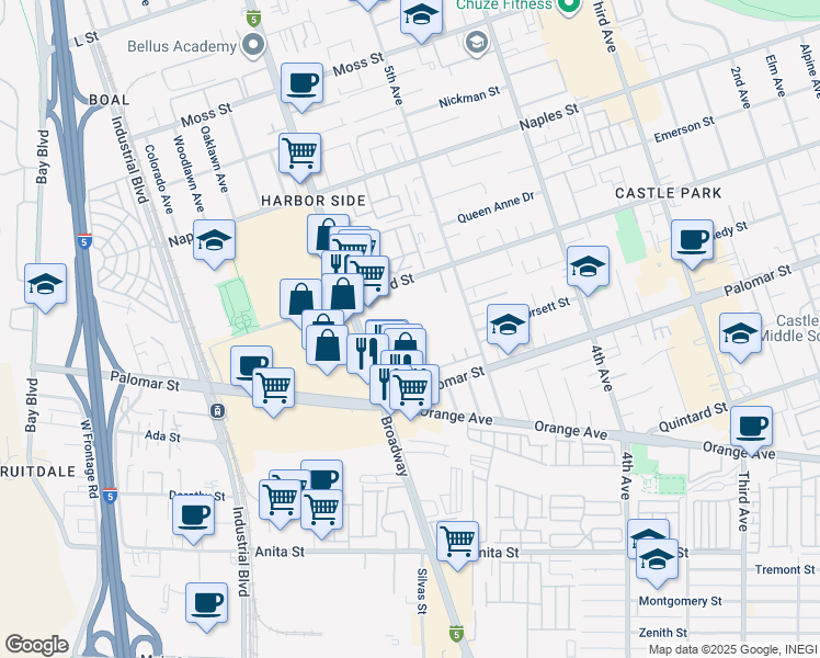 map of restaurants, bars, coffee shops, grocery stores, and more near 1225 Broadway in Chula Vista