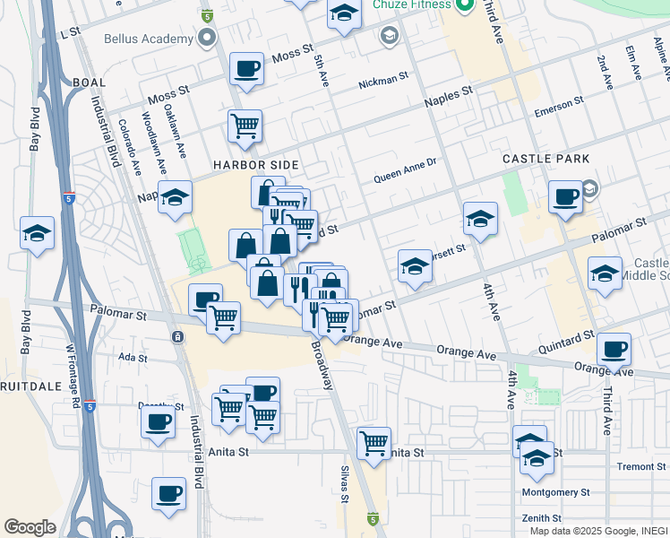 map of restaurants, bars, coffee shops, grocery stores, and more near 1225 Broadway in Chula Vista