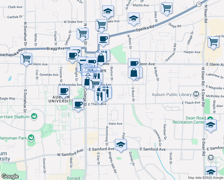 map of restaurants, bars, coffee shops, grocery stores, and more near 302 East Magnolia Avenue in Auburn