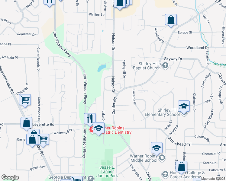 map of restaurants, bars, coffee shops, grocery stores, and more near 101 Story Street in Warner Robins