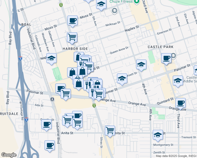 map of restaurants, bars, coffee shops, grocery stores, and more near 1225 Broadway in Chula Vista