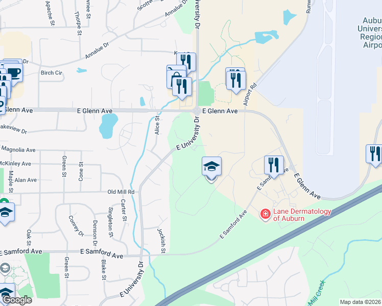 map of restaurants, bars, coffee shops, grocery stores, and more near 1550 East University Drive in Auburn