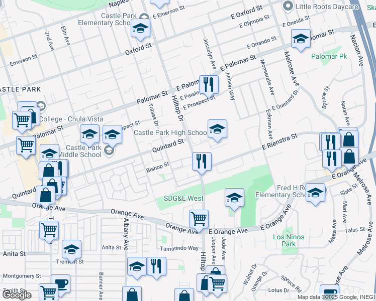 map of restaurants, bars, coffee shops, grocery stores, and more near 1416 Hilltop Drive in Chula Vista