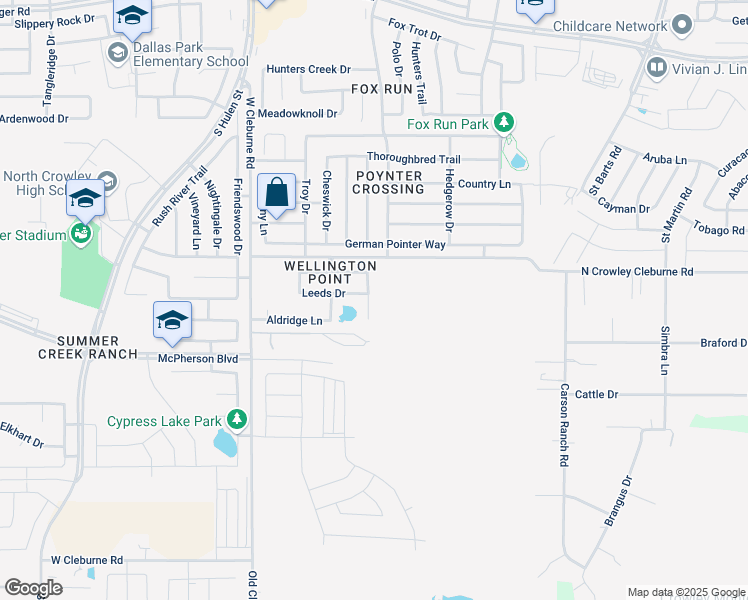 map of restaurants, bars, coffee shops, grocery stores, and more near 4100 Glen Abbey Drive in Crowley