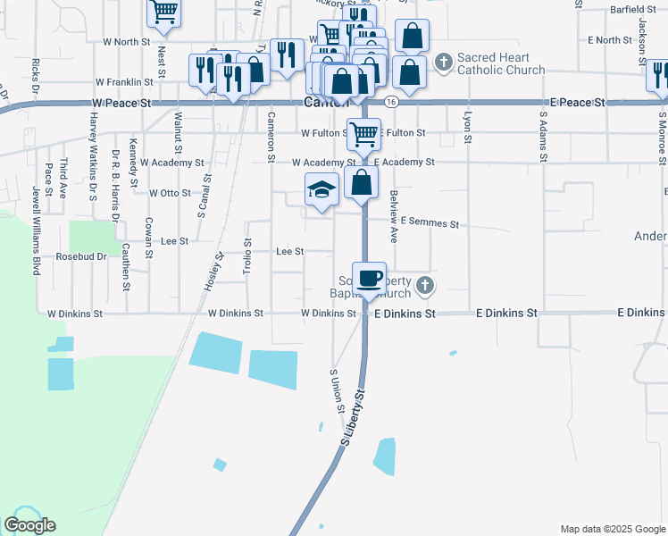 map of restaurants, bars, coffee shops, grocery stores, and more near South Union Street in Canton