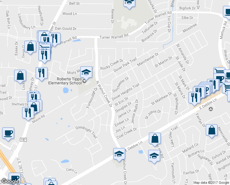 map of restaurants, bars, coffee shops, grocery stores, and more near 602 Dorchester Lane in Mansfield