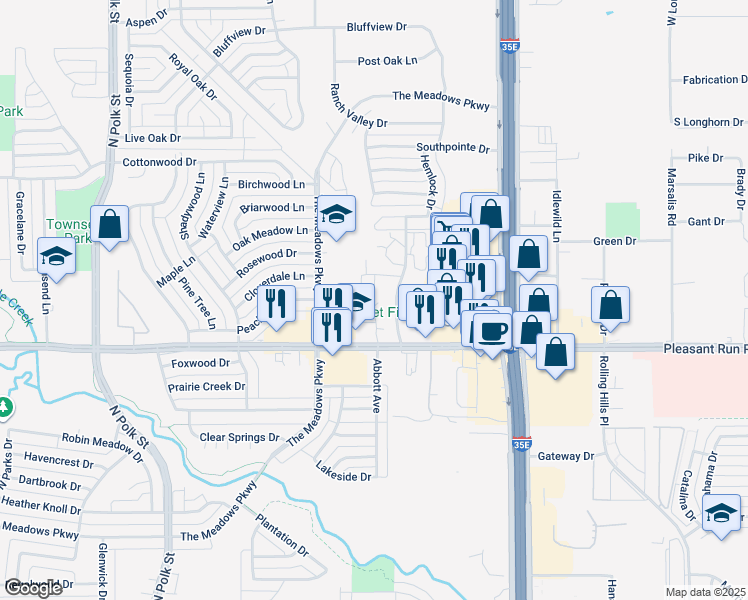 map of restaurants, bars, coffee shops, grocery stores, and more near 1201 East Pleasant Run Road in DeSoto