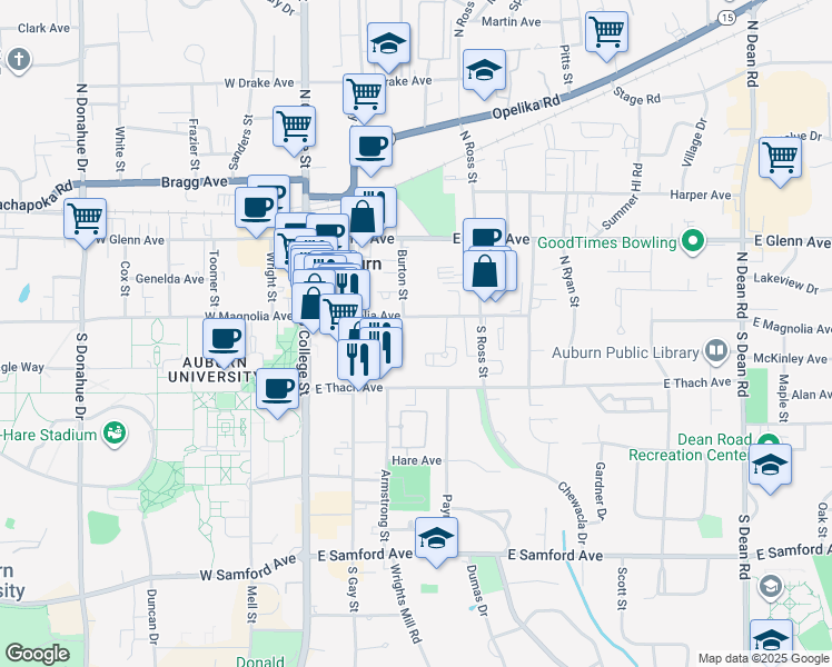 map of restaurants, bars, coffee shops, grocery stores, and more near 306 East Magnolia Avenue in Auburn