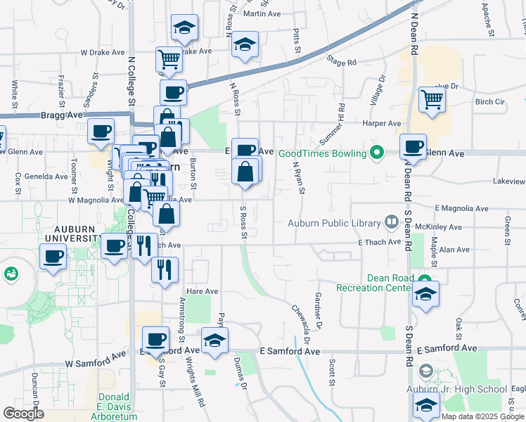 map of restaurants, bars, coffee shops, grocery stores, and more near 428 East Magnolia Avenue in Auburn