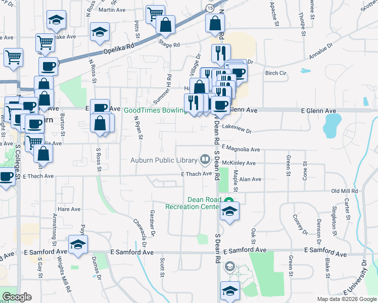 map of restaurants, bars, coffee shops, grocery stores, and more near 735 McKinley Avenue in Auburn