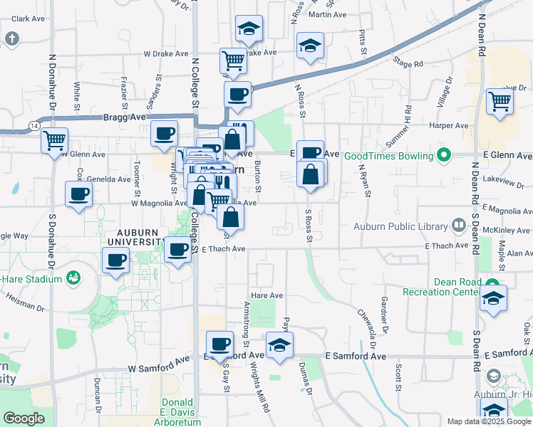 map of restaurants, bars, coffee shops, grocery stores, and more near 124 Cedarcrest Circle in Auburn