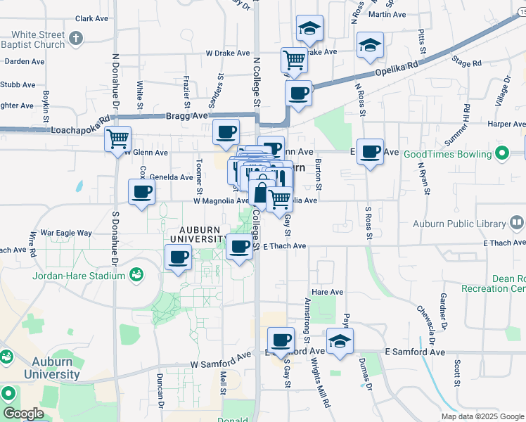 map of restaurants, bars, coffee shops, grocery stores, and more near 129 South College Street in Auburn
