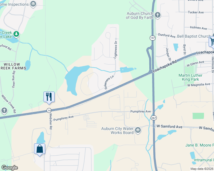 map of restaurants, bars, coffee shops, grocery stores, and more near 116 Solamere Lane in Auburn
