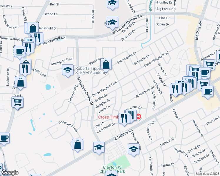 map of restaurants, bars, coffee shops, grocery stores, and more near 628 Dover Heights Trail in Mansfield