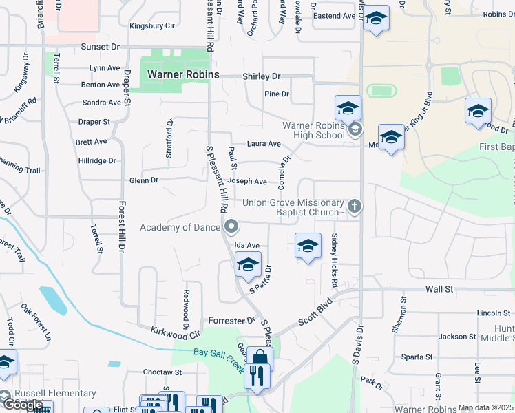 map of restaurants, bars, coffee shops, grocery stores, and more near 200 Crestwood Terrace in Warner Robins
