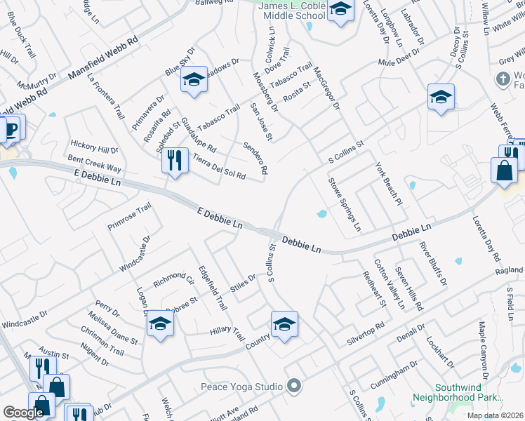 map of restaurants, bars, coffee shops, grocery stores, and more near 8100 South Collins Street in Arlington