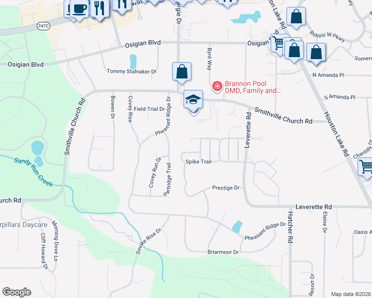 map of restaurants, bars, coffee shops, grocery stores, and more near 400 Spike Trail in Warner Robins