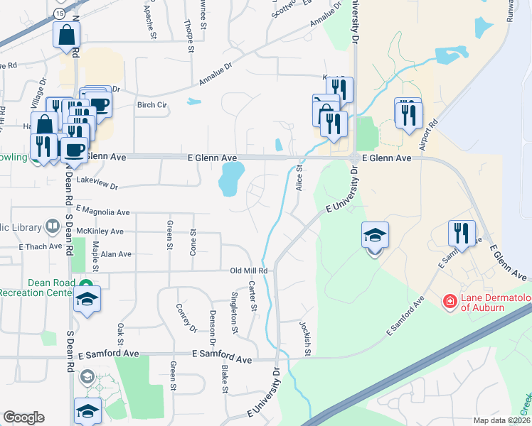 map of restaurants, bars, coffee shops, grocery stores, and more near 1356 Lakeshore Lane in Auburn