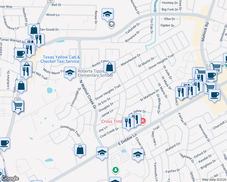 map of restaurants, bars, coffee shops, grocery stores, and more near 628 Dover Heights Trail in Mansfield