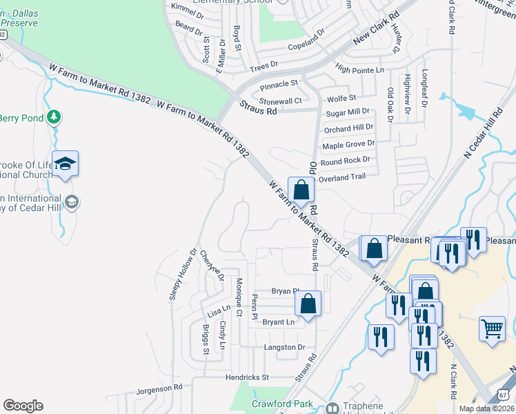 map of restaurants, bars, coffee shops, grocery stores, and more near 731 Shenandoah Drive in Cedar Hill