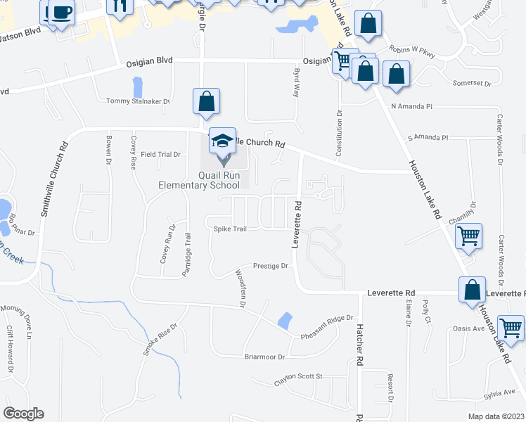 map of restaurants, bars, coffee shops, grocery stores, and more near 312 Deerfield Circle in Warner Robins