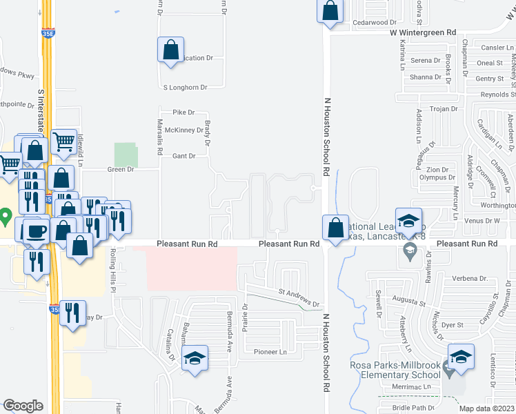 map of restaurants, bars, coffee shops, grocery stores, and more near 2525 East Pleasant Run Road in Lancaster