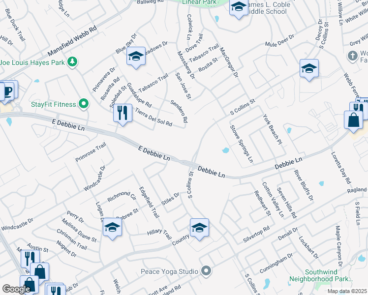 map of restaurants, bars, coffee shops, grocery stores, and more near 8100 South Collins Street in Arlington