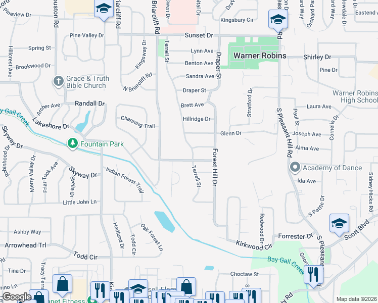 map of restaurants, bars, coffee shops, grocery stores, and more near 109 Granada Terrace in Warner Robins