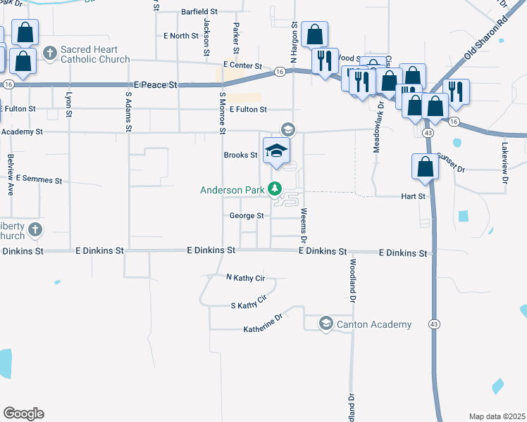 map of restaurants, bars, coffee shops, grocery stores, and more near 707 George Street in Canton