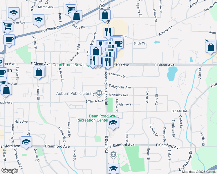 map of restaurants, bars, coffee shops, grocery stores, and more near 802 East Magnolia Avenue in Auburn