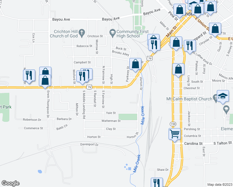 map of restaurants, bars, coffee shops, grocery stores, and more near 708 Shreveport Road in Minden