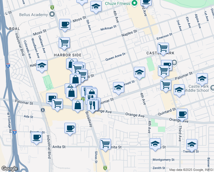 map of restaurants, bars, coffee shops, grocery stores, and more near 1250 5th Avenue in Chula Vista