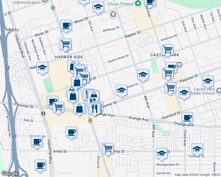 map of restaurants, bars, coffee shops, grocery stores, and more near 487 Orsett Street in Chula Vista