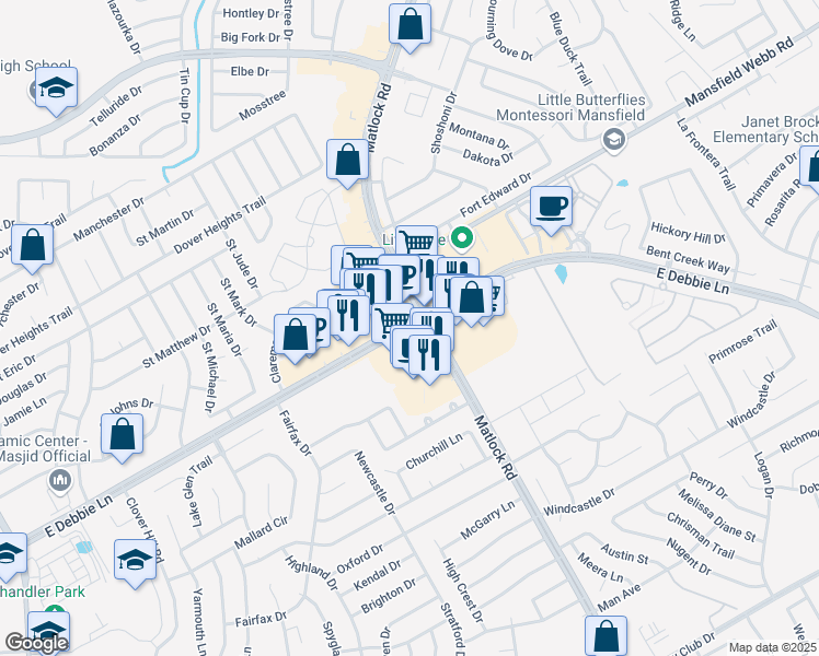 map of restaurants, bars, coffee shops, grocery stores, and more near 1280 Farm to Market Road 1187 in Mansfield
