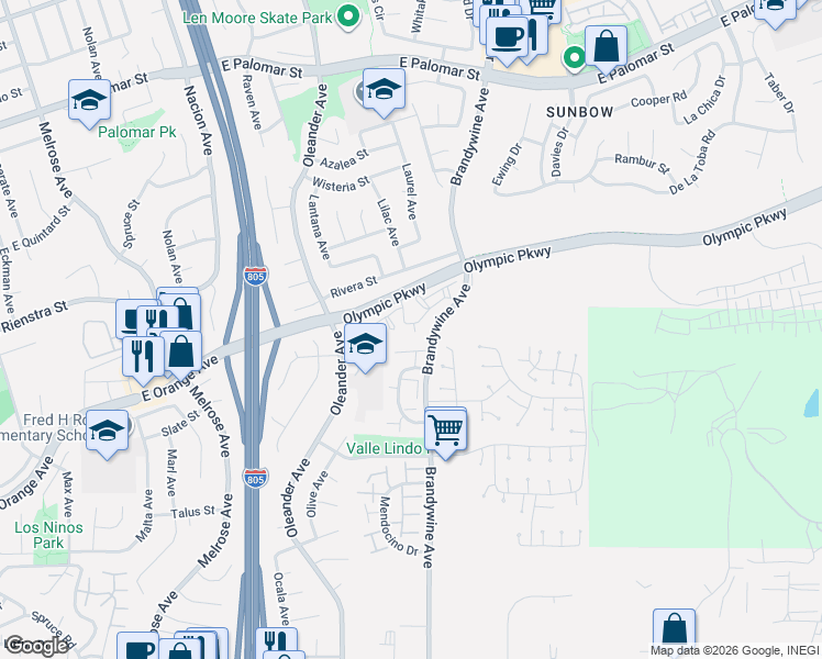 map of restaurants, bars, coffee shops, grocery stores, and more near 1539 Sonora Drive in Chula Vista