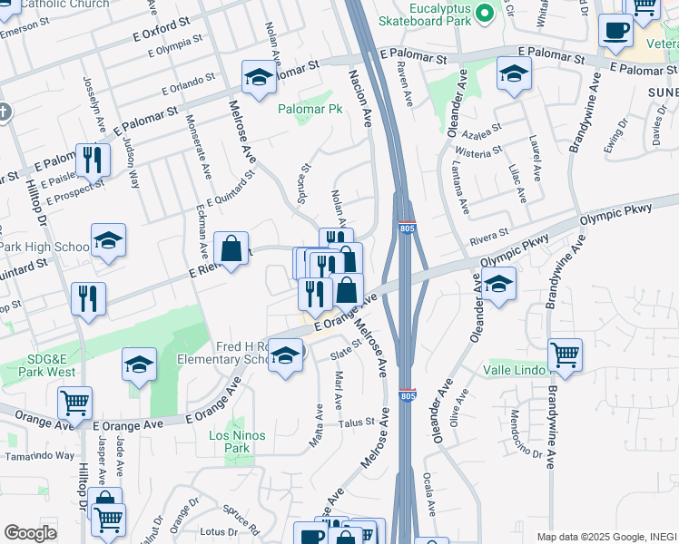 map of restaurants, bars, coffee shops, grocery stores, and more near 1475 Melrose Avenue in Chula Vista