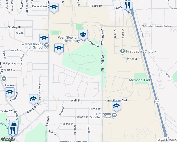 map of restaurants, bars, coffee shops, grocery stores, and more near 631-737 Randolph Avenue in Warner Robins