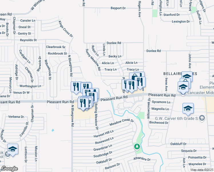 map of restaurants, bars, coffee shops, grocery stores, and more near 1409 Pleasant Run Road in Lancaster